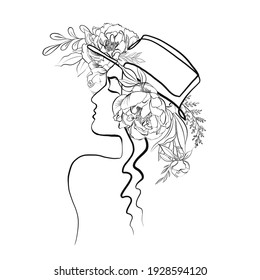 Digital illustration abstract woman face. One line drawing. portrait minimalist style. Woman's face in one line art style with flowers peonies.  - Shutterstock ID 1928594120