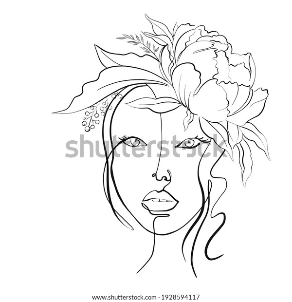 Digital illustration abstract woman face. One\
line drawing. portrait minimalist style. Woman\'s face in one line\
art style with flowers peonies.\
