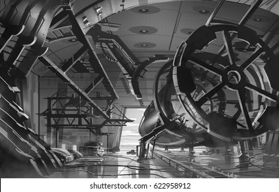 Digital Illustration Of Aircraft Airplane Repair Building Station In Factory Storage Warehouse