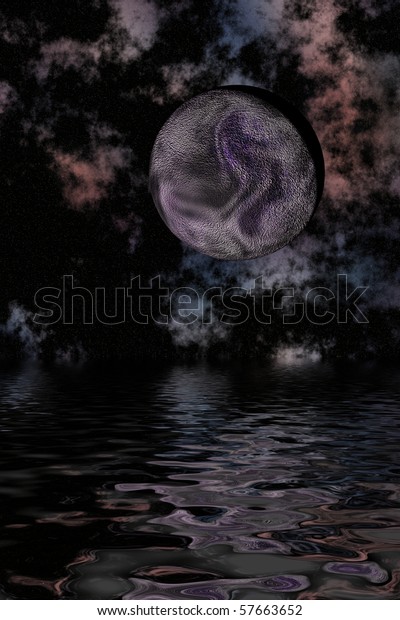 Digital illustration of alien landscape, moon\
and stars in\
background