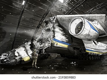 Digital Illustration, Art, Drawing Of The Ukrainian Plane , Shot Down And Destroyed.