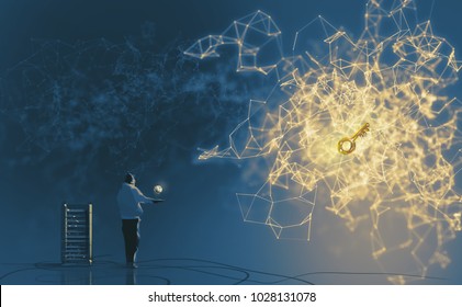 Digital illustration art painting style a programmer, hacker accessing to password key of computer network in computer room, data center, security, data analytics, protection, prevention concept. 