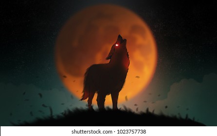 Digital illustration art painting a wolf howling in the wild, big fool moon and clouds is background. terrible, horror lonely, scary, creepy concept.