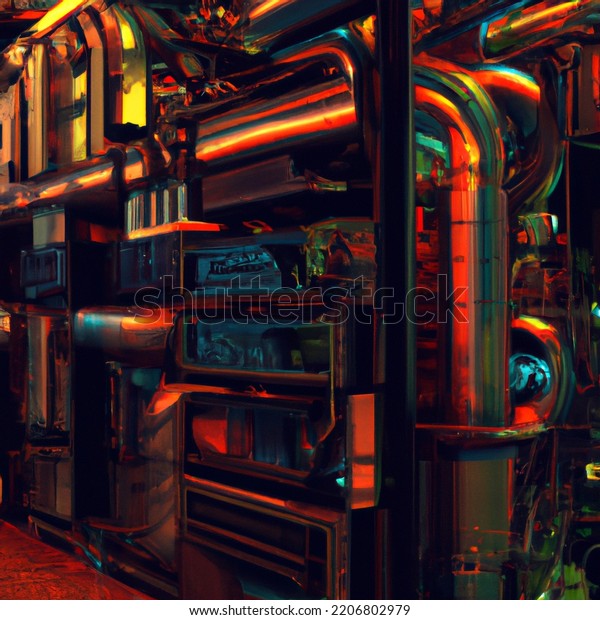 Digital\
illustration of artificial intelligence controlled server room,\
boiler room style, with steam punk-style details. Industrial style\
illustration for poster, concept art\
design.