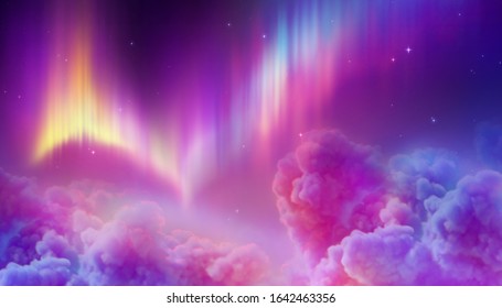 digital illustration of Aurora Borealis, abstract background. Northern lights in polar night sky, cotton clouds, natural phenomenon, geomagnetic miracle, wonder of nature, ultraviolet neon lines