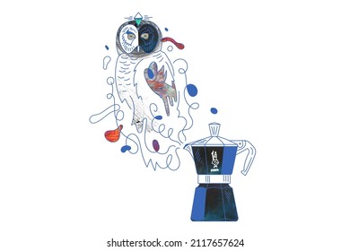 Digital Illustration of Bialetti moka. Art Deco concept. Coffee maker drawing. Steam owl image. Linear Illustration of traditional Italian Moka pot. Homemade Espresso machine. 
Old-fashioned design. 