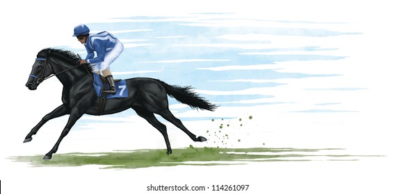 Digital Illustration Of A Black Race Horse.