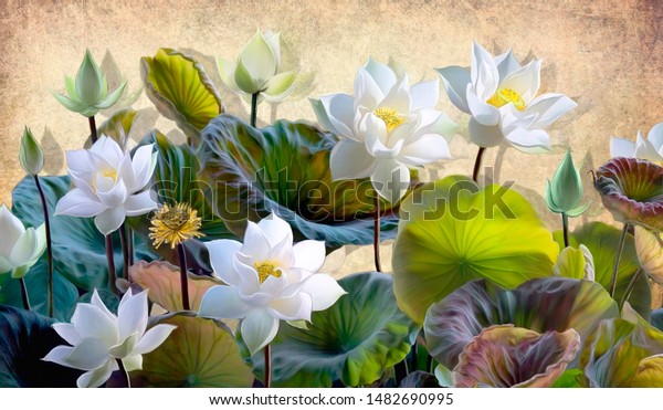 Digital illustration of a blooming white Lotus flowers with green leaves on a background of beige walls in the loft. Wallpapers and murals for interior printing.