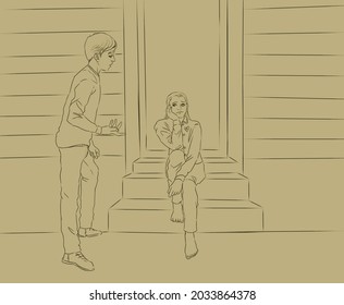 Digital Illustration Of A Boy Offering Help To A Girl That Was Kicked Out For The Night And Is Sitting In Front Of A Door