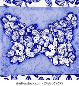 A digital illustration of a butterfly collage composed of multiple blue and white butterflies against a light blue background framed with butterfly wings; can be used as a creative pen art poster - Powered by Shutterstock