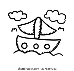 Digital Illustration Of A Cartoon Summer Ship Sailing Doodle