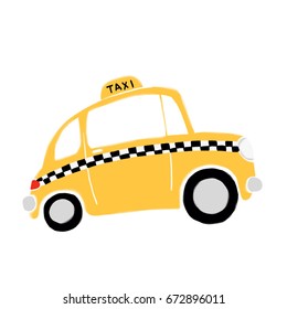 Digital Illustration. Cartoon Yellow Taxi In Profile