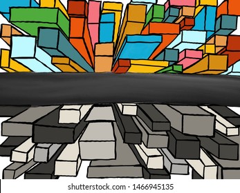 A digital illustration of a city centre with coloured and black and white blocks separated by a road representing urban inequality
