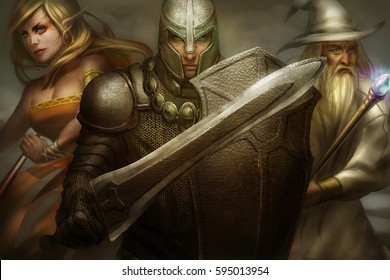 Digital Illustration Of Classical Fantasy Character Elf, Knight, And Sorcerer