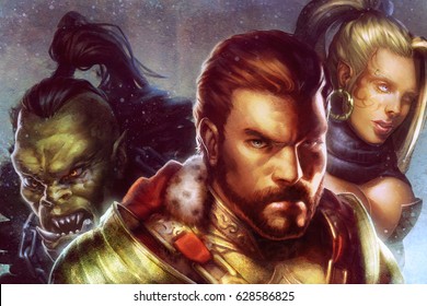 digital illustration of classical fantasy character elf, king general commander, and orc warrior