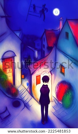 Digital illustration of colorful vintage village at night, rural landmark. Naive contemporary art. Wall decoration artwork. Old houses. Oil and pastel painting digital imitation. High quality print.