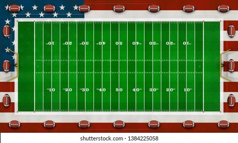 Digital Illustration Compositing  An American Football Field, The United States Flag And Multiple Footballs Forming A Border.  – 3D Illustration