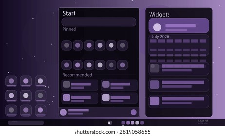 A digital illustration of a computer desktop interface with start menu, widgets panel, and taskbar. Features a purple color palette with flat icon designs and a minimalist calendar layout.