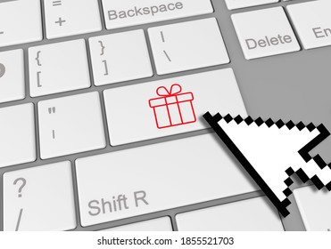 A digital illustration of a computer keyboard with a mouse clicking on a Christmas gift button