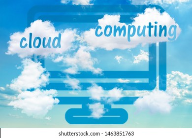 Digital Illustration With Concept Of Cloud Solutions Or Cloud Computing. Computer Icon And Realistic Dramatic Sky With Clouds.