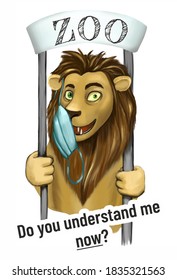 Digital Illustration. Crazy Lion With Nervous Tic In The Cage.