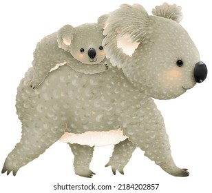 A Digital Illustration Of A Cute Australian Koala Mother And Baby Walking.