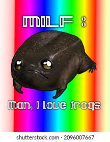 Digital illustration cute black desert rainfrog and the humorous text 