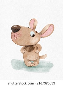 Digital Illustration Cute Character Mascot Decoration Avatar Cartoon Style Watercolor Puppy Dog ​​plush Brown Big Ears Angry Bully Childhood For Kids Gentle Pastel Colors