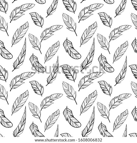 Digital illustration of a cute contour pattern of feather lines. Drawn in the style of a child’s illustration with a pencil print for cards, fabrics, design, games, posters.