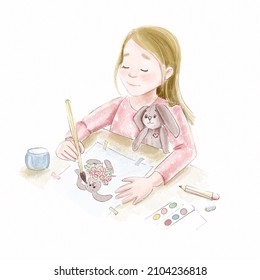 Digital illustration. A cute girl painstakingly paints a picture with watercolors. The picture shows her favorite toy, a plush bunny, which sits on the girl's lap and looks at how it turns out