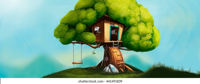 Digital Illustration Of A Cute Little House On The Tree With A Swing. Picnic At The Forest Edge. Children's House, A Hut, A Ladder And A Swing. Oak Landscape