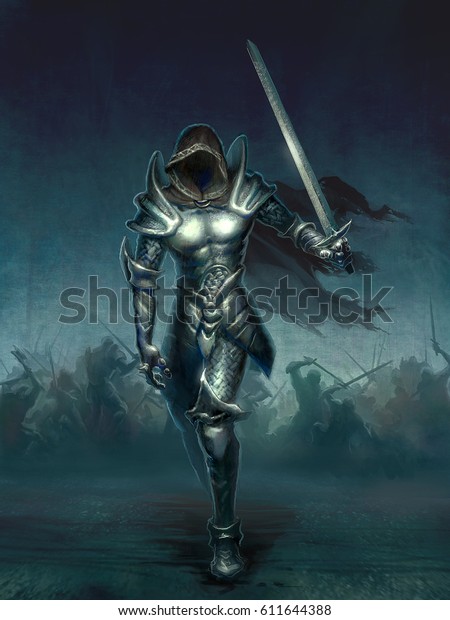 戦闘地盤の中に顔を出さずに金属の中世の武具を持つ黒騎士のデジタルイラスト のイラスト素材