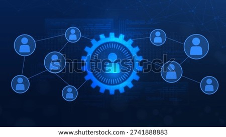 A digital illustration depicting a network of interconnected people around a central gear symbol, representing collaboration, technology, and modern communication.