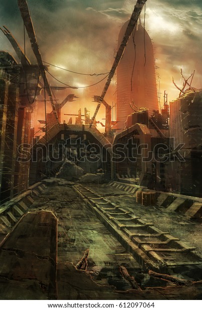 廃墟となった街並みを見た街並みの風景を 鉄道の軌道を描いたデジタルイラスト のイラスト素材