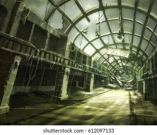 Digital Illustration Of Destroyed Abandoned Shopping Mall Interior View Environment Landscape