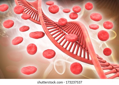 Digital Illustration Of Dna And Blood Cells In Colour Background