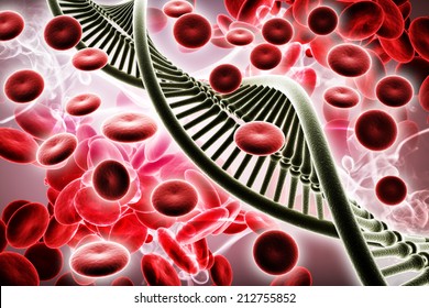 Digital Illustration Of Dna And Blood Cells In Colour Background