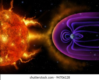 Digital Illustration Of The Earth's Magnetosphere Deflecting Solar Wind And Radiation From The Sun