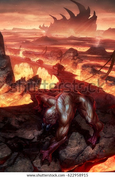 幼虫と地獄で這う幻想生物の怪獣のデジタルイラスト のイラスト素材