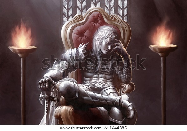 幻想的な悪の暗い中世の中世の殺人鬼の戦士が玉座に座っているデジタル