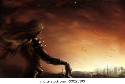 digital illustration of a fantasy female warrior look out at dusk sunset 