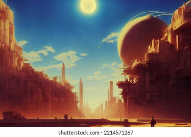 A digital illustration of a fantasy futuristic desert city. Epic scenes with dramatic light. Concept art for film, animation, and games. - Powered by Shutterstock