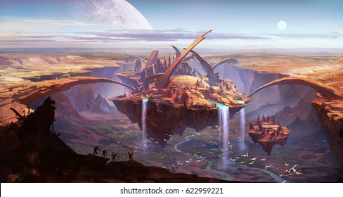 digital illustration of fantasy futuristic science fiction floating land with alien building and waterfall in canyon valley with primates shouting in front and planet in back