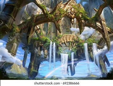 digital illustration of fantasy medieval environment landscape concept background in ancient ruin city floating in sky