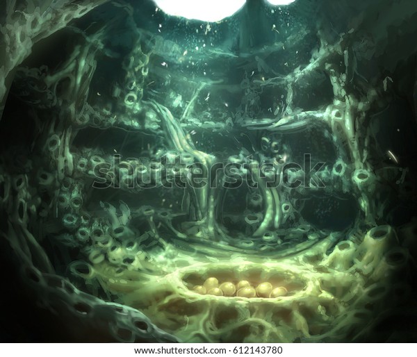 巨大な卵を持つ空想の怪物洞窟の巣のデジタルイラスト のイラスト素材