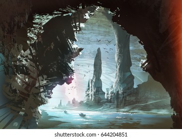 Digital Illustration Of Fantasy Science Fiction Landscape