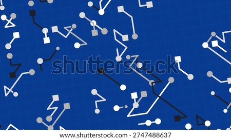 A digital illustration featuring a complex network of interconnected geometric shapes and lines against a vibrant blue backdrop.