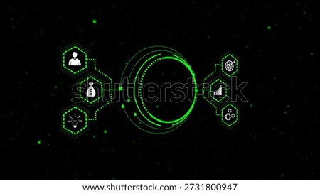 A digital illustration featuring interconnected icons representing finance, growth, and strategy on a dark background