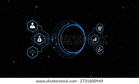 A digital illustration featuring interconnected icons representing finance, growth, innovation, and target achievement against a dark background