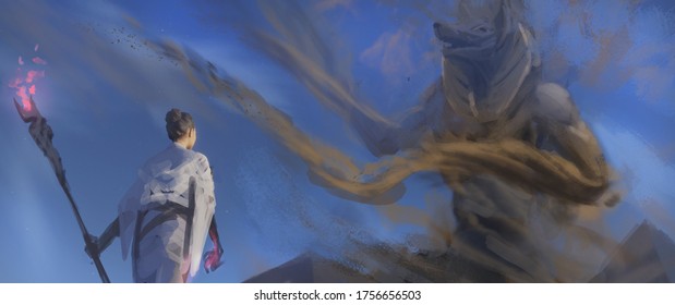 Digital illustration of a female mage warrior fighting a giant anubis cyclone in the desert next to pyramids - digital fantasy painting